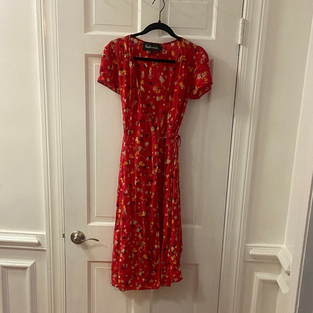 Realisation Par Red Floral Midi Dress small 100% silk